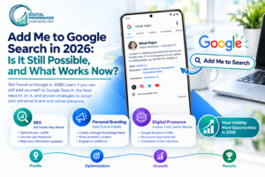 Phone showing a Google search for a person with an example profile card, beside the title “Add Me to Google Search in 2026
