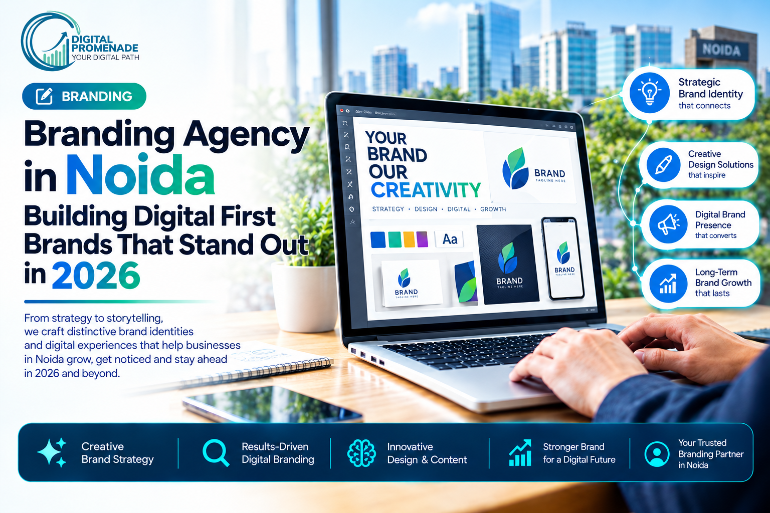 Branding agency in Noida banner by Digital Promenade showing brand identity design on a laptop with Noida skyline