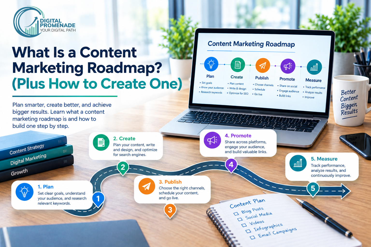 Content marketing roadmap infographic showing five stages: plan, create, publish, promote, and measure